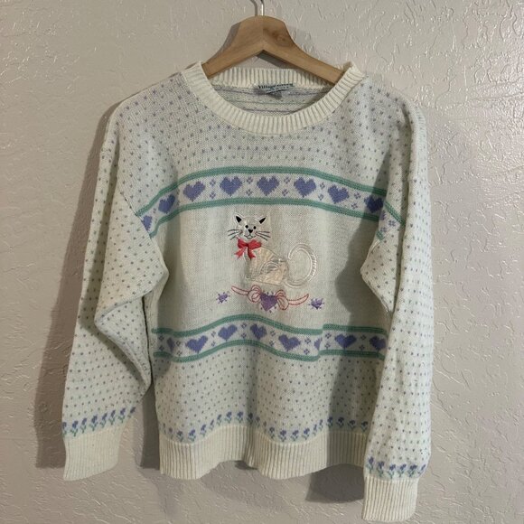90’s Vintage Village Green Embroidered Cat & Hearts Grandma Knit Crewneck Sweate - Picture 1 of 8